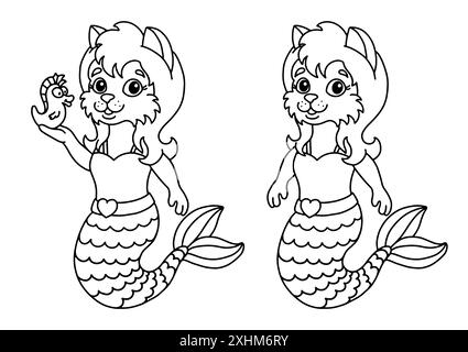 Süße kleine Meerjungfrau Katze. Malbuch-Seite für Kinder. Zeichentrickstil. Vektorillustration isoliert auf weißem Hintergrund. Stock Vektor