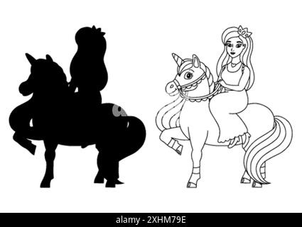 Die Prinzessin reitet auf einem Einhorn. Schwarze Silhouette. Konstruktionselement. Vektorillustration isoliert auf weißem Hintergrund. Vorlage für Bücher, Aufkleber, po Stock Vektor