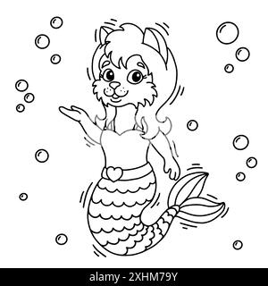 Süße kleine Meerjungfrau Katze. Malbuch-Seite für Kinder. Zeichentrickstil. Vektorillustration isoliert auf weißem Hintergrund. Stock Vektor