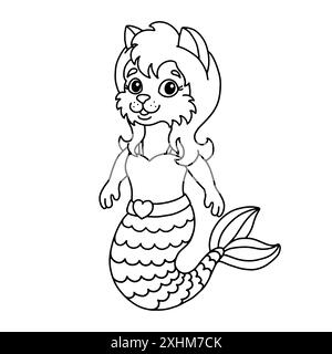 Süße kleine Meerjungfrau Katze. Malbuch-Seite für Kinder. Zeichentrickstil. Vektorillustration isoliert auf weißem Hintergrund. Stock Vektor