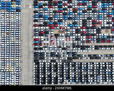 LIANYUNGANG, CHINA - 15. JULI 2024 - Eine große Anzahl von Fahrzeugen wird zum Verladen im Hafen von Lianyungang, Provinz Jiangsu, am 15. Juli 2024 gesammelt. Stockfoto