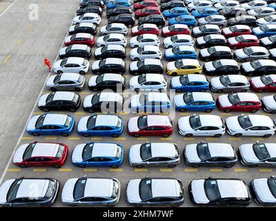 LIANYUNGANG, CHINA - 15. JULI 2024 - Eine große Anzahl von Fahrzeugen wird zum Verladen im Hafen von Lianyungang, Provinz Jiangsu, am 15. Juli 2024 gesammelt. Stockfoto