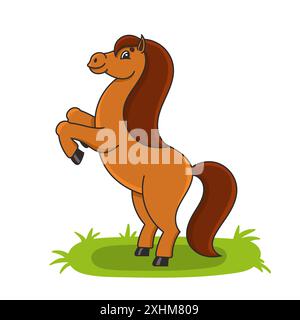 Pferd aufgezogen. Das Nutztier steht auf seinen Hinterbeinen. Zeichentrickstil. Einfache Illustration des flachen Vektors. Stock Vektor
