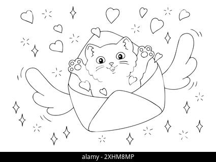 Ein süßes Kätzchen fliegt in einem Umschlag mit Herzen. Malbuch-Seite für Kinder. Valentinstag. Figur im Cartoon-Stil. Vektordarstellung isoliert auf Stock Vektor