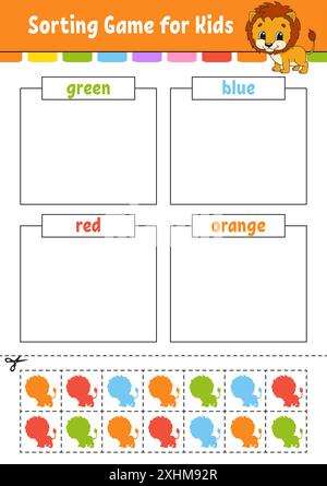 Sortierspiel für Kinder. Schneiden und kleben. Arbeitsblatt zur Entwicklung von Bildungsmaßnahmen. Passendes Spiel für Kinder. Seite „Farbaktivität“. Puzzle für Kinder. Niedlicher Charakter. Stock Vektor