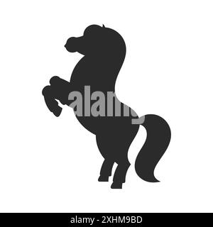 Schwarze Silhouette. Pferd aufgezogen. Das Nutztier steht auf seinen Hinterbeinen. Zeichentrickstil. Einfache Illustration des flachen Vektors. Stock Vektor