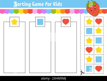 Sortierspiel. Formen und Farben. Schneiden und kleben. Arbeitsblatt zur Entwicklung von Bildungsmaßnahmen. Spiel für Kinder. Seite „Farbaktivität“. Puzzle für Kinder. Niedlicher Charakter Stock Vektor