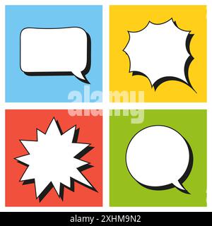 Textblasen. Helle Aufkleber. Comic Cloud Label. Isolierte Darstellung des Farbvektors. Stock Vektor