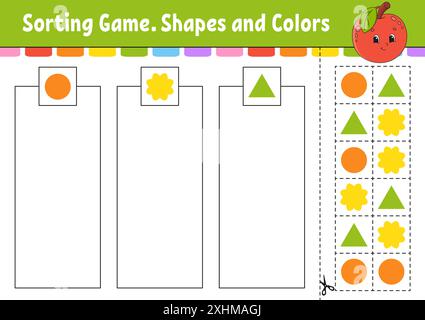 Sortierspiel. Formen und Farben. Schneiden und kleben. Arbeitsblatt zur Entwicklung von Bildungsmaßnahmen. Spiel für Kinder. Seite „Farbaktivität“. Puzzle für Kinder. Niedlicher Charakter Stock Vektor