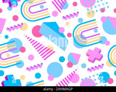 Nahtloses geometrisches Muster im Stil der 80er Jahre. Farbenfrohes geometrisches Muster mit isometrischen geometrischen 3D-Formen. Design von Werbemitteln, Geschenkpapier Stock Vektor
