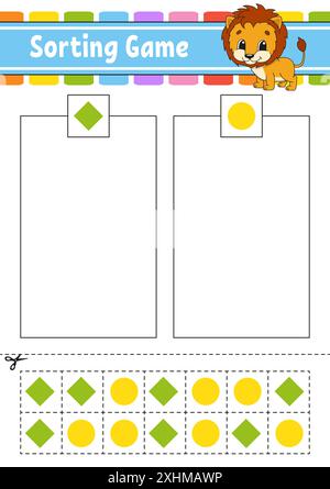 Sortierspiel für Kinder. Schneiden und kleben. Arbeitsblatt zur Entwicklung von Bildungsmaßnahmen. Passendes Spiel für Kinder. Seite „Farbaktivität“. Puzzle für Kinder. Niedlicher Charakter. Stock Vektor
