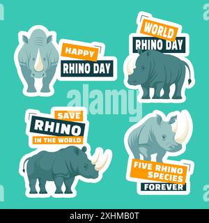 Rhino Day Label Flat Cartoon Hand Gezeichnete Vorlagen Hintergrund Illustration Stock Vektor