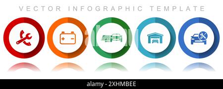 Vektorsymbole für Fahrzeugserien, verschiedene Symbole wie Werkzeuge, Werkstatt, Batterie und erneuerbare Energien, flache Infografik-Vorlage in EPS Stock Vektor