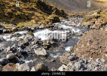 Wilder Fluss in den Bergen des Thorsmork (Þórsmörk)-Tals in Südisland, Wanderweg in Thórsmörk. Stockfoto