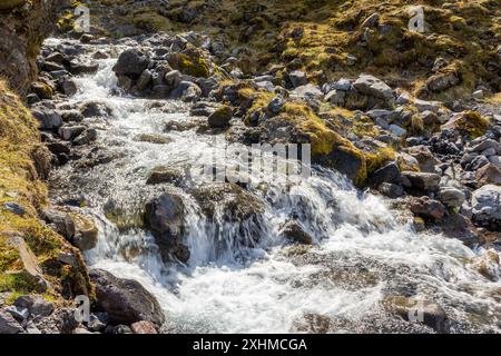 Wilder Fluss in den Bergen des Thorsmork (Þórsmörk)-Tals in Südisland, Wanderweg in Thórsmörk. Stockfoto