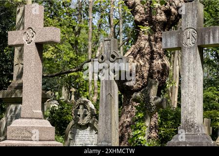 Verschiedene Stile von Steinkreuzen markieren Gräber auf dem Highgate Cemetery, London, Großbritannien Stockfoto