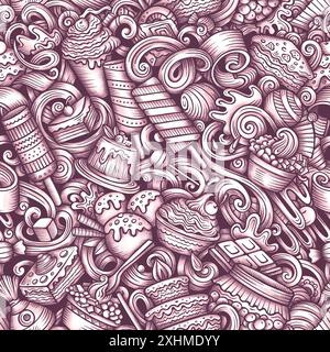 Grafik Doodle Desserts nahtloses Muster. Hintergrund mit Symbolen und Gegenständen für süße Speisen. Einfarbiger Hintergrund für den Druck auf Stoff, Textil und Handyhüllen Stockfoto