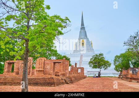 Besuchen Sie den antiken Tempel Wat Phukhao Thong mit seinem hohen weißen Chedi, Ayutthaya, Thailand Stockfoto