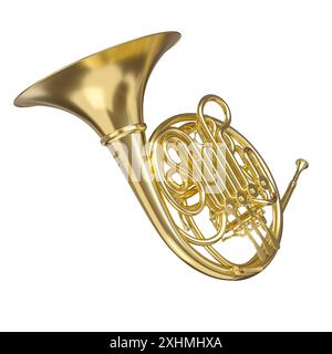 3D glänzendes französisches Horn mit Hintergrund, musikbezogenes Design Stockfoto