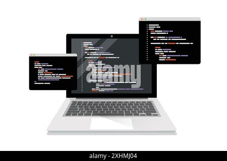 Codierungssymbole und Programmierfenster auf dem Laptop-Bildschirm. Konzept der Computerprogrammierung oder Entwicklung von Software oder Spielen. Illustration der Vektorabwicklung Stock Vektor