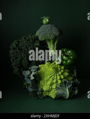 Einfarbiges grünes Gemüse auf dunkelgrünem Hintergrund: Romanesco, Grünkohl, Brokkoli, grüner Paprika, Rosenkohl, und Rucola in einer Schwerkraft. Stockfoto