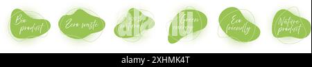 Organische natürliche abstrakte Ökologie Amöben Blob Formen Vektorkollektion. Flüssige, ungleichmäßige Blasen mit den Worten Bioprodukt, 100 natürlich, keine Abfälle. Unterzeichnen Stock Vektor