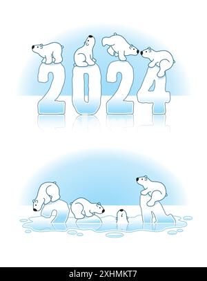 Vier Eisbären balancieren auf rutschigen Eisskulpturen aus dem Jahr 2024, die aufgrund der globalen Erwärmung durch die arktische Eiskappe schmelzen Stock Vektor