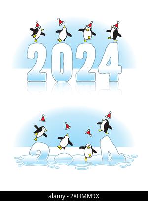 Vier Pinguine mit Santa Hats tanzen auf rutschigen Eisskulpturen aus dem Jahr 2024, die durch die globale Erwärmung durch die arktische Eiskappe schmelzen Stock Vektor