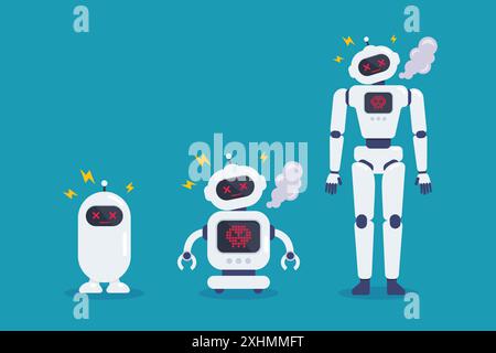 Robotersatz abstürzt fehlerhaft mit Spark ab. Cyborg-Technologie und futuristische Intelligenzmaschine. Vektorabbildung Stock Vektor