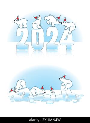 Vier Eisbären tragen Santa Hats, die auf rutschigen Eisskulpturen aus dem Jahr 2024 durch die arktische Eiskappe schmelzen Stock Vektor