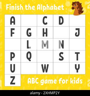 Das Alphabet fertig stellen. ABC-Spiel für Kinder. Arbeitsblatt zur Entwicklung von Schulungen. Lernspiel für Kinder. Aktivitätsseite Farbe. Stock Vektor