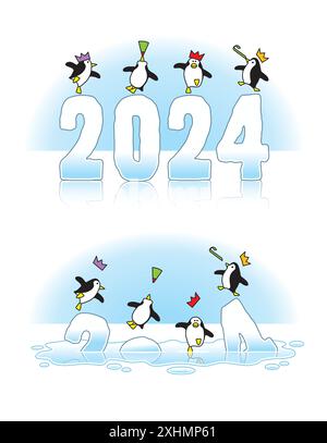 Vier Partypinguine mit Papierhüten tanzen auf rutschigen Eisskulpturen aus dem Jahr 2024, die durch die globale Erwärmung durch die arktische Eiskappe schmelzen Stock Vektor