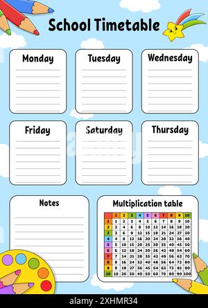 Schulplan mit Multiplikationstabelle. Für die Erziehung von Kindern. Stock Vektor