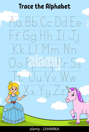 Schreiben von Briefen. Tracing-Seite. Übungsblatt. Arbeitsblatt für Kinder. Alphabet lernen. Stock Vektor