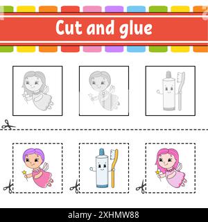 Schneiden und kleben. Spiel für Kinder. Arbeitsblatt zur Entwicklung von Bildungsmaßnahmen. Seite „Farbaktivität“. Zeichentrickfigur. Stock Vektor