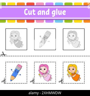 Schneiden und kleben. Spiel für Kinder. Arbeitsblatt zur Entwicklung von Bildungsmaßnahmen. Seite „Farbaktivität“. Zeichentrickfigur. Stock Vektor