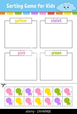 Sortierspiel. Formen und Farben. Schneiden und kleben. Arbeitsblatt zur Entwicklung von Bildungsmaßnahmen. Spiel für Kinder. Seite „Farbaktivität“. Puzzle für Kinder. Niedlicher Charakter Stock Vektor
