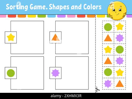 Sortierspiel. Formen und Farben. Schneiden und kleben. Arbeitsblatt zur Entwicklung von Bildungsmaßnahmen. Spiel für Kinder. Seite „Farbaktivität“. Puzzle für Kinder. Niedlicher Charakter Stock Vektor