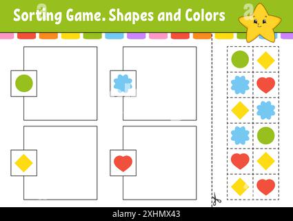 Sortierspiel. Formen und Farben. Schneiden und kleben. Arbeitsblatt zur Entwicklung von Bildungsmaßnahmen. Spiel für Kinder. Seite „Farbaktivität“. Puzzle für Kinder. Niedlicher Charakter Stock Vektor