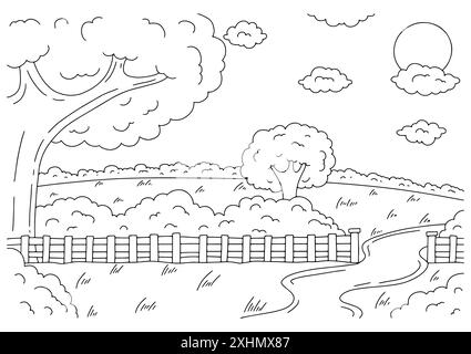 Wundervolle Naturlandschaft in einer Waldlade. Malbuchseite für Kinder. Cartoon-Style. Vektordarstellung isoliert auf weißem Hintergrund. Stock Vektor