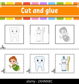 Schneiden und kleben. Spiel für Kinder. Arbeitsblatt zur Entwicklung von Bildungsmaßnahmen. Seite „Farbaktivität“. Zeichentrickfigur. Stock Vektor