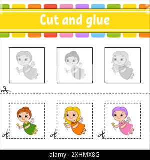 Schneiden und kleben. Spiel für Kinder. Arbeitsblatt zur Entwicklung von Bildungsmaßnahmen. Seite „Farbaktivität“. Zeichentrickfigur. Stock Vektor