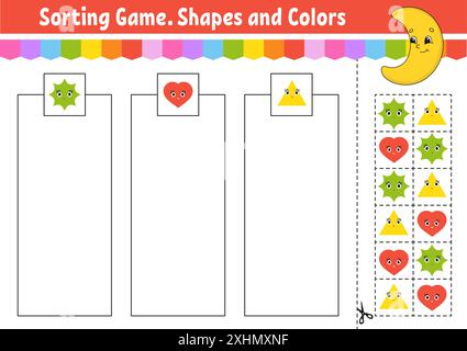 Sortierspiel. Formen und Farben. Schneiden und kleben. Arbeitsblatt zur Entwicklung von Bildungsmaßnahmen. Spiel für Kinder. Seite „Farbaktivität“. Puzzle für Kinder. Niedlicher Charakter Stock Vektor