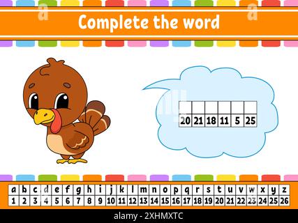 Vervollständigen Sie die Worte. Chiffriercode. Vokabeln und Zahlen lernen. Arbeitsblatt zum Bildungswesen. Aktivitätsseite für die Studie Englisch. Isolierte Vektordarstellung. Stock Vektor