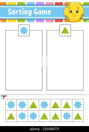 Sortierspiel. Formen und Farben. Schneiden und kleben. Arbeitsblatt zur Entwicklung von Bildungsmaßnahmen. Spiel für Kinder. Seite „Farbaktivität“. Puzzle für Kinder. Niedlicher Charakter Stock Vektor