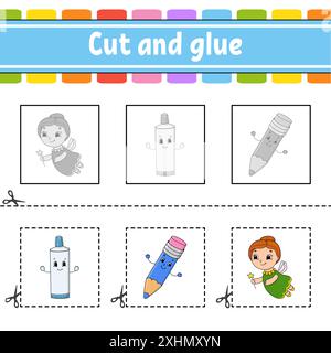 Schneiden und kleben. Spiel für Kinder. Arbeitsblatt zur Entwicklung von Bildungsmaßnahmen. Seite „Farbaktivität“. Zeichentrickfigur. Stock Vektor