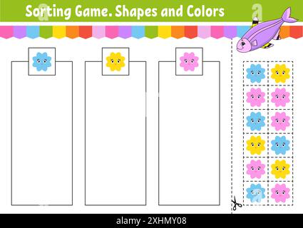 Sortierspiel. Formen und Farben. Schneiden und kleben. Arbeitsblatt zur Entwicklung von Bildungsmaßnahmen. Spiel für Kinder. Seite „Farbaktivität“. Puzzle für Kinder. Niedlicher Charakter Stock Vektor