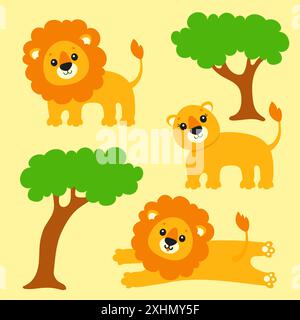 Niedliches Löwenset. Wildes Tier. Zeichentrickfigur. Bunte Vektorillustration. Isoliert auf farbigem Hintergrund. Konstruktionselement. Vorlage für Ihr Design, b Stock Vektor
