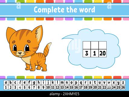Vervollständigen Sie die Worte. Chiffriercode. Vokabeln und Zahlen lernen. Arbeitsblatt zum Bildungswesen. Aktivitätsseite für die Studie Englisch. Isolierte Vektordarstellung. Stock Vektor