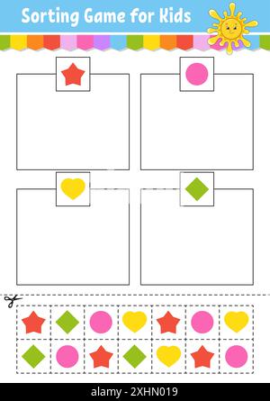 Sortierspiel. Formen und Farben. Schneiden und kleben. Arbeitsblatt zur Entwicklung von Bildungsmaßnahmen. Spiel für Kinder. Seite „Farbaktivität“. Puzzle für Kinder. Niedlicher Charakter Stock Vektor